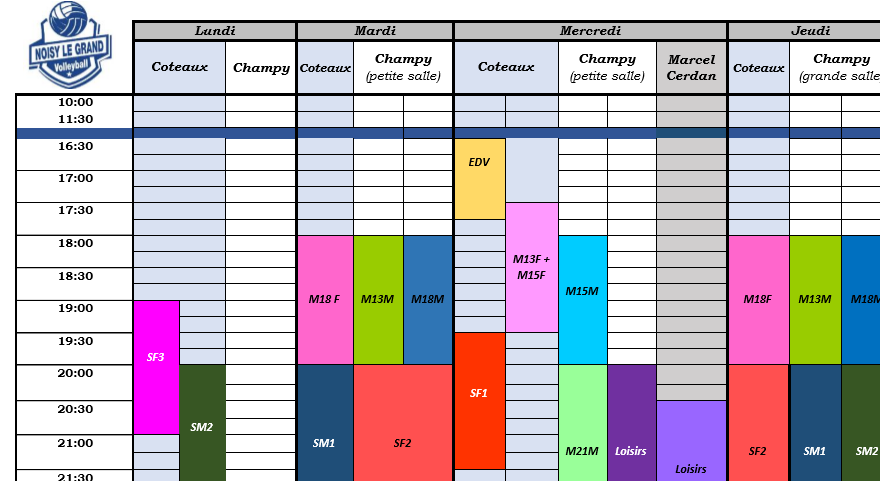Planning des entraînements de la saison 2021-2022